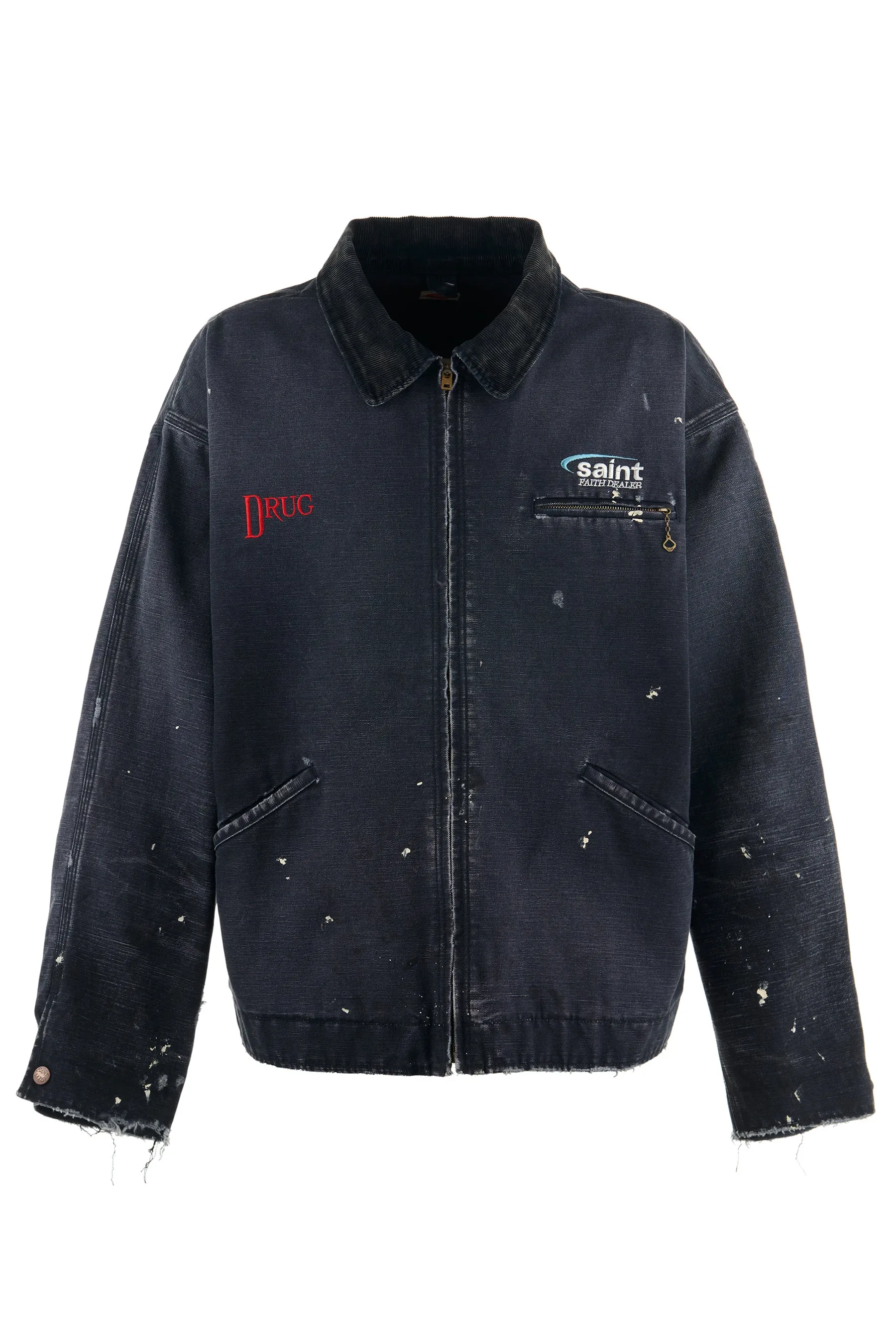 SAINT Mxxxxxx DETROIT JACKET/DRUG/BLK Detroit Workwear Washed and Distressed Jacket Washed Black S-XL A super heavy-duty Detroit jacket. It took more than 3 months to develop. All details. No detail. Complete reproduction and restoration. Customized washed and faded Assute canvas fabric. Rewashed the watermark to make the bones irregular and white. MX6 LOGO buttons, molded custom placket with LOGO zipper, no special shape zipper on chest